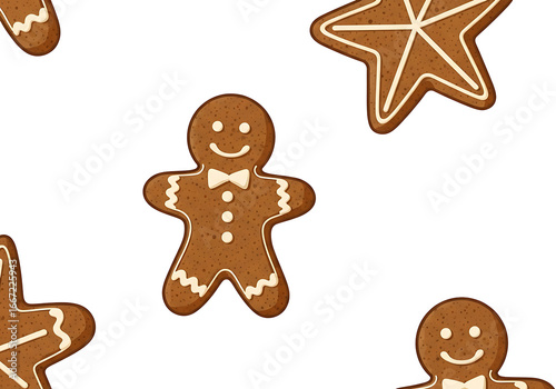 Festive gingerbread men and stars, a delightful pattern on a black backdrop.