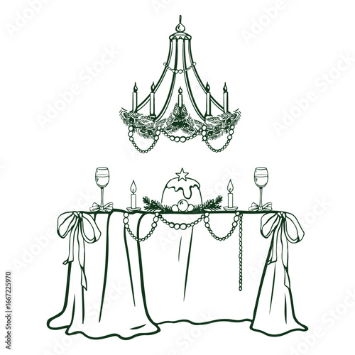 Outline illustration of Christmas dinner. New Years table. Monochrome Christmas composition isolated on white background. Vector illustrations for New Year greetings or party invitations. Vintage