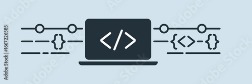 A stylized laptop with code symbols and connecting lines on a light blue background in a flat design style