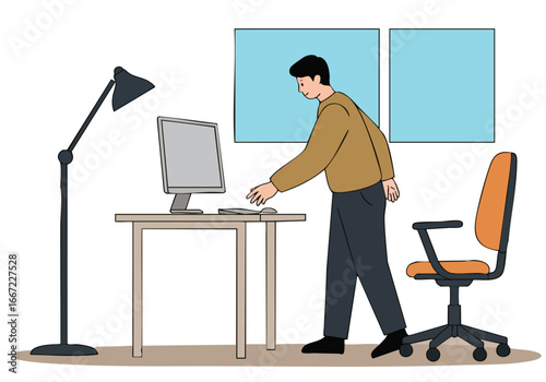 A man adjusts his ergonomic chair while working at his desk, showcasing good posture and workspace setup. Modern office setting.