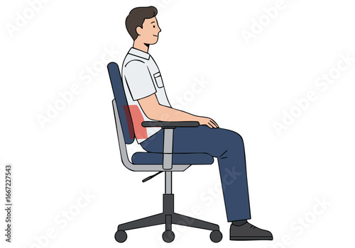 A young man sits comfortably in an ergonomic office chair, demonstrating proper posture. Clean, modern illustration style. Ideal for health & wellness content.
