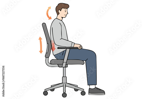 A young man sits in an ergonomic office chair, adjusting his posture. The illustration showcases proper sitting technique for comfort and health. Clean, modern style.