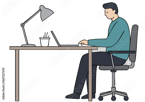 A man works at a desk with a laptop and chair. Modern office setting. Focus on posture and workspace. Clean, professional style.