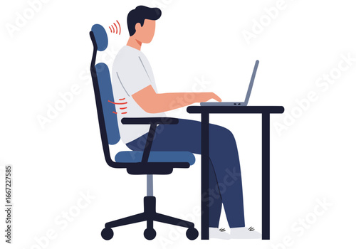 A young man works comfortably at his desk with ergonomic support. He?s focused on his laptop, showcasing proper posture and a supportive chair. Modern home office setup.