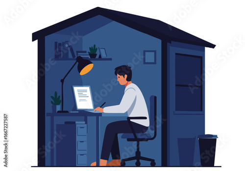 A man works late at his desk in a cozy, dimly lit home office. Focused on his laptop, he embodies the quiet dedication of remote work. A warm lamp illuminates his workspace.