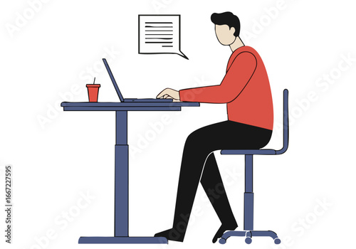A man works on his laptop at a home desk, with a notification bubble. Modern, minimalist style. Focus on productivity and remote work.