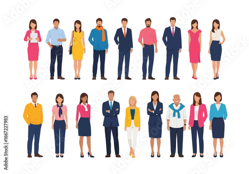Vector art of a diverse group of business professionals in various attire, standing together in a line, representing a team, workforce, and community in a corporate or professional setting