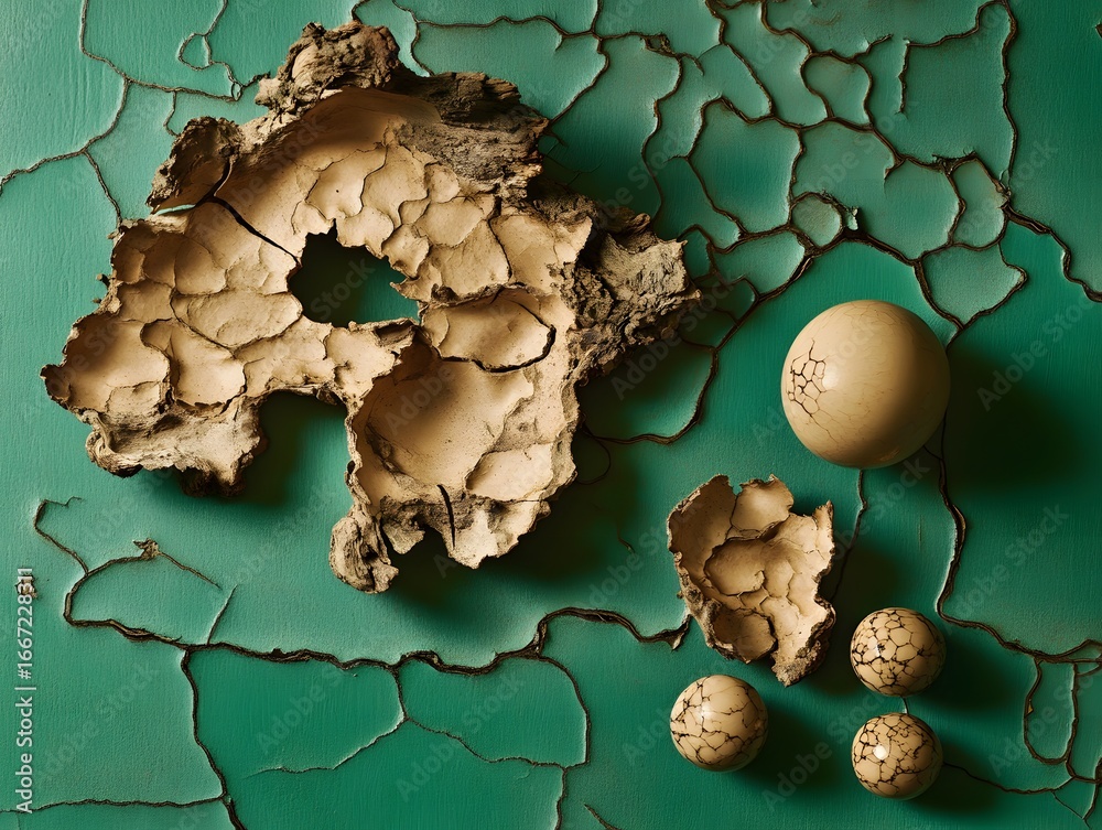 Obraz premium Abstract Cracked Texture Art, Beige Stones and Green Background