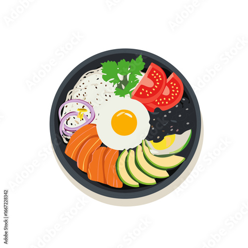 Savory bowl with fried egg, salmon, avocado, rice, beans, and tomatoes