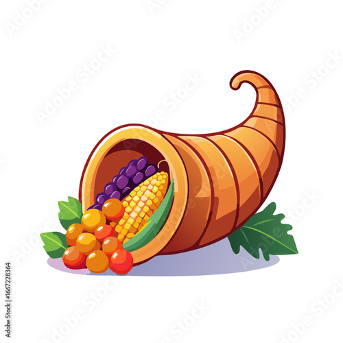 Horn of Plenty Abundance Featuring Grapes Corn and Foliage Illustration