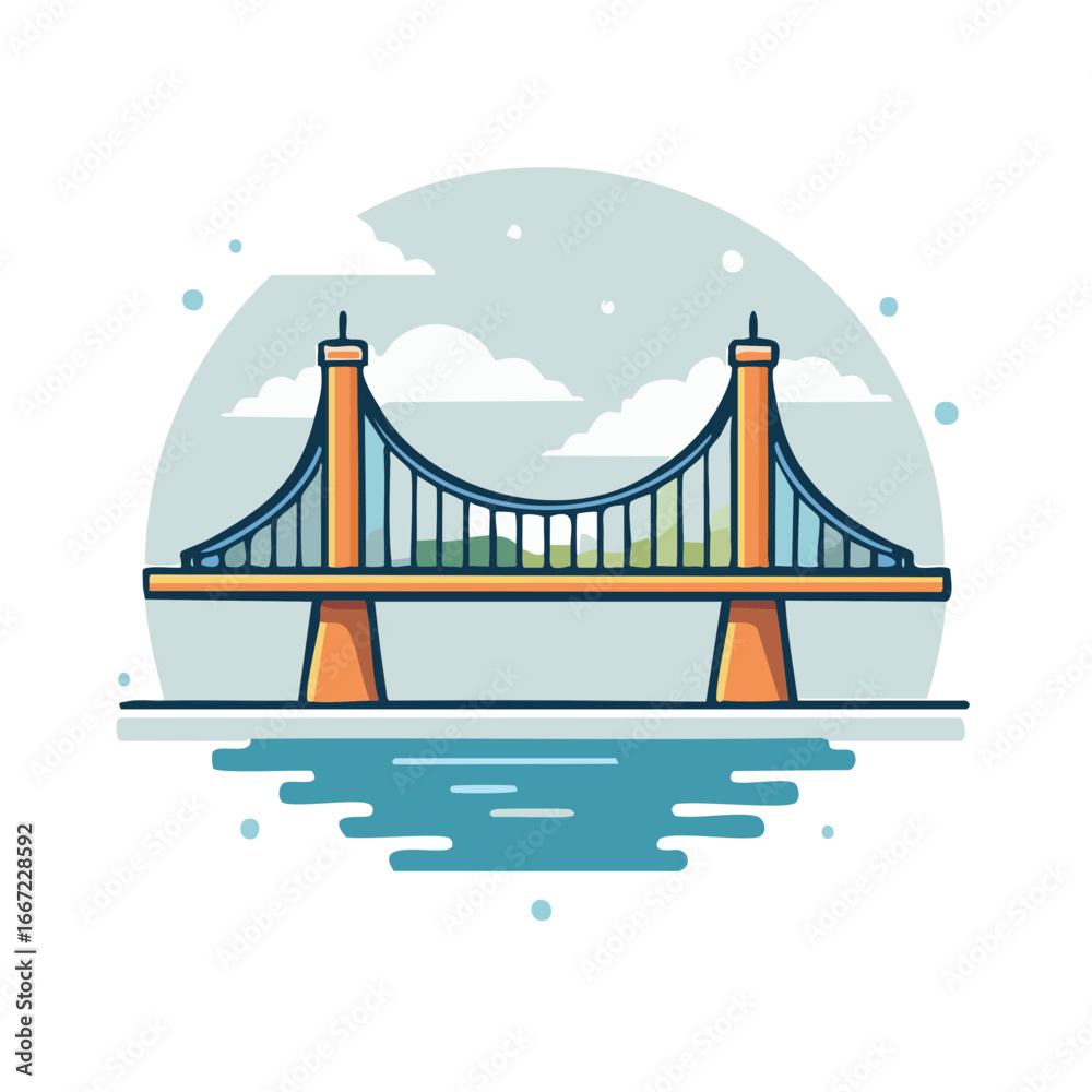 Modern suspension bridge illustration spanning blue water under a cloudy sky in a charming flat design