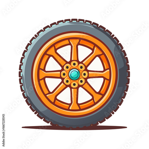 Cartoon car wheel with an orange alloy rim and tire vector illustration isolated
