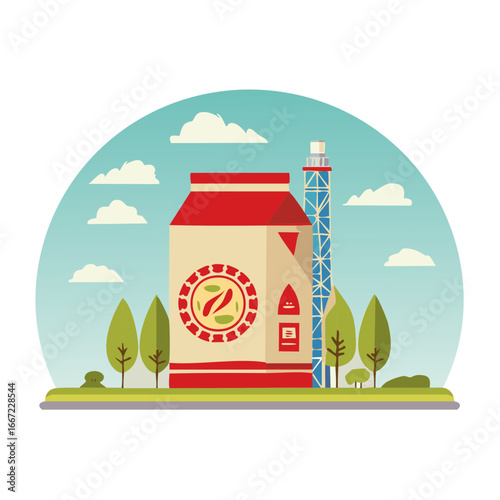 Illustration of stylized building, industrial tower, trees, and clouds against a blue sky