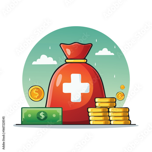 Red money bag with white cross symbol and stacks of gold coins and banknotes