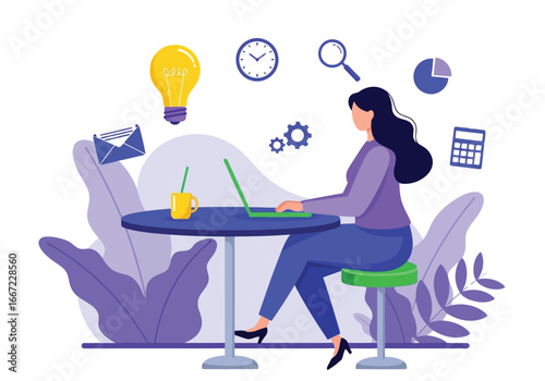 Vector art of woman working on a laptop at a table with various business and productivity icons like a lightbulb, clock, chart, and calculator, representing modern work and ideas