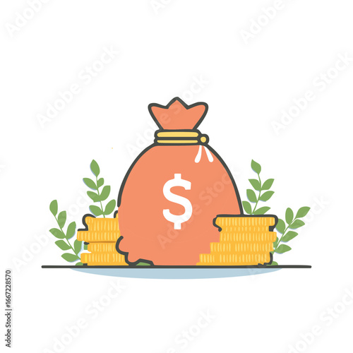 Money bag with dollar sign and stacks of coins with leaves symbolizing financial growth