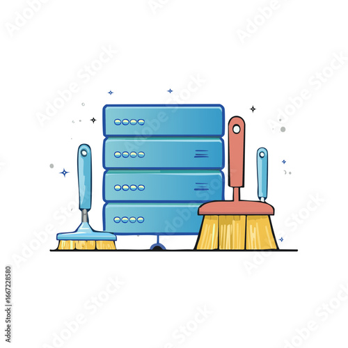 Server cleaning and maintenance with brooms for digital tidiness and data center care