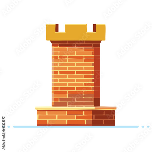 Cartoon illustration of medieval stone tower or turret featuring brickwork and gold battlement