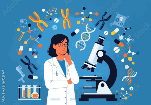 Vector art of scientist in a lab coat contemplating surrounded by scientific symbols like dna, molecules, and lab equipment, representing research, discovery, and innovation in science