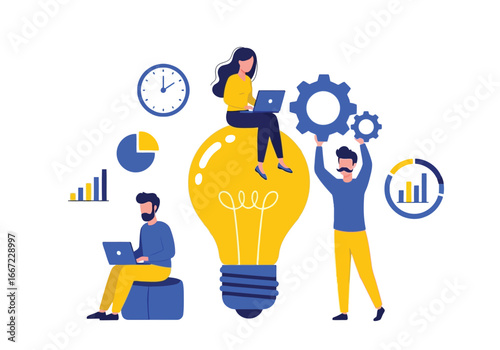 Vector art of teamwork and collaboration concept with people working on laptops around a giant light bulb, symbolizing ideas and innovation