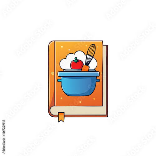 Delicious Recipes Cookbook Illustration with Cooking Pot Tomato and Whisk on Vibrant Orange Cover