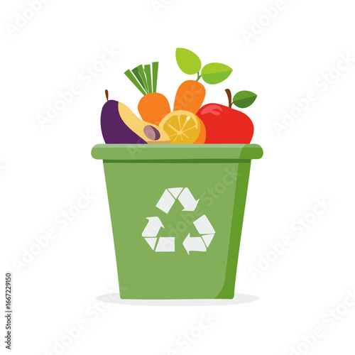 Fresh organic fruit and vegetables overflowing a recycle bin symbol.