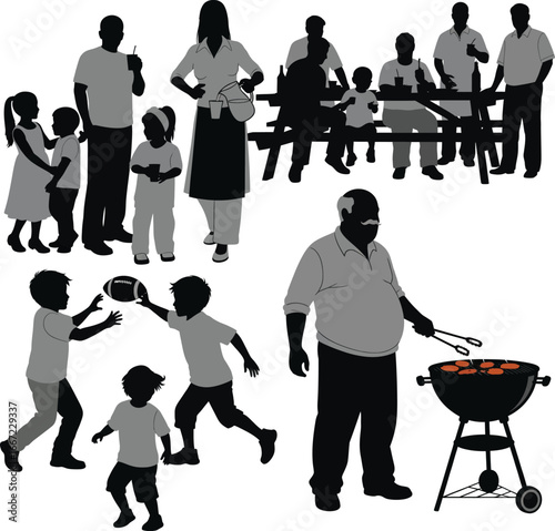 Collage of barbecue scenes and children playing football in silhouette grill picnic