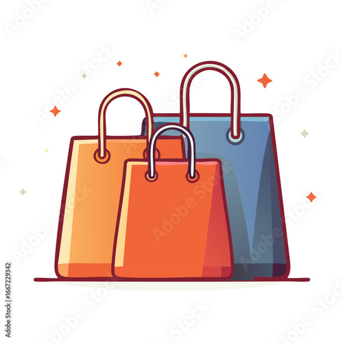 Colorful Shopping Bags Illustration: Orange, Blue and Pink Bags with Outline