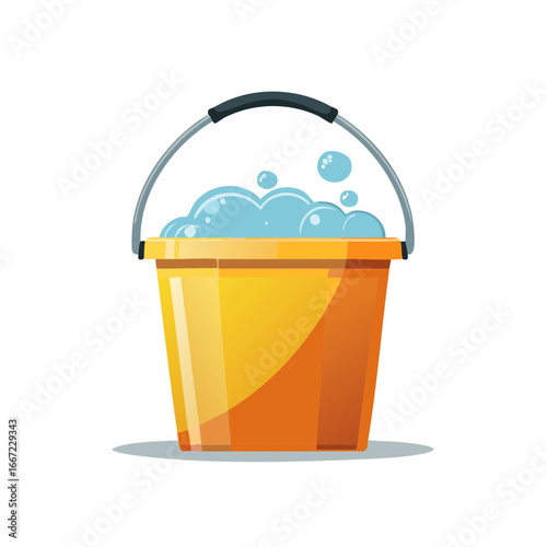Cartoon-style yellow cleaning bucket filled with soapy bubbles