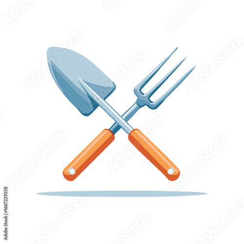 Crossed garden trowel and hand fork, a vibrant vector illustration of gardening tools