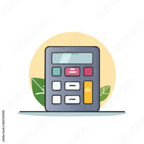 Illustration of a calculator icon with green leaves and a yellow background