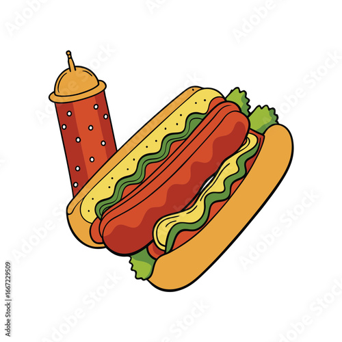 Delicious bacon wrapped hot dogs with tangy pickles and zesty mustard illustration