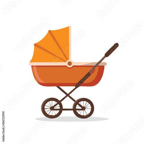 Vintage orange baby stroller vector illustration. Classic pram carriage icon for newborn care.