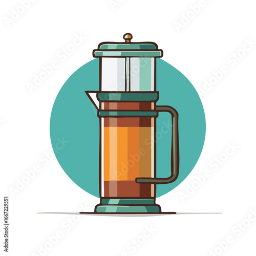 Stylized French Press Coffee Maker Illustration with Warm Drink for Morning Brew