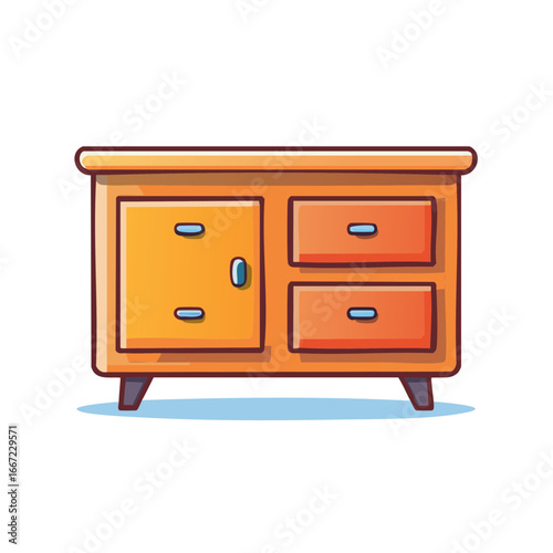 Cartoon illustration of a small wooden cabinet with drawers and a door for storage space in a simple style