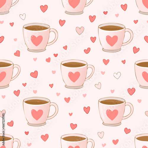 Seamless cute coffee and tea cups with hearts pattern. Perfect for Valentine’s Day, love themes, wrapping paper, textiles, backgrounds, and romantic holiday designs
