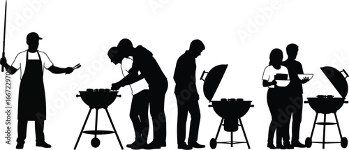 Silhouettes of people at a barbecue with grills and food preparation cooking