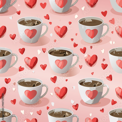 Seamless cute coffee and tea cups with hearts pattern. Perfect for Valentine’s Day, love themes, wrapping paper, textiles, backgrounds, and romantic holiday designs