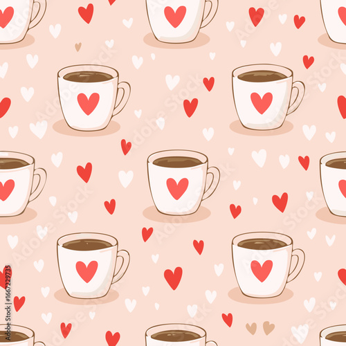 Seamless cute coffee and tea cups with hearts pattern. Perfect for Valentine’s Day, love themes, wrapping paper, textiles, backgrounds, and romantic holiday designs
