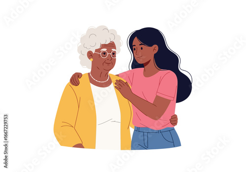 Vector art of a caring granddaughter embraces her grandmother, showing love and support between generations