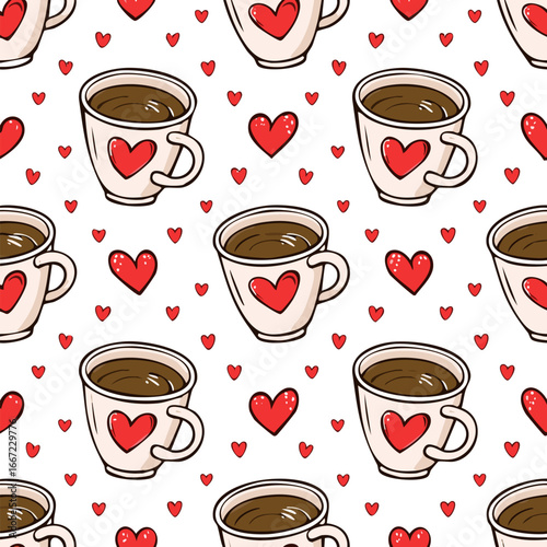 Seamless cute coffee and tea cups with hearts pattern. Perfect for Valentine’s Day, love themes, wrapping paper, textiles, backgrounds, and romantic holiday designs