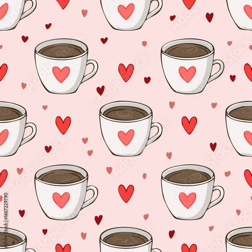 Seamless cute coffee and tea cups with hearts pattern. Perfect for Valentine’s Day, love themes, wrapping paper, textiles, backgrounds, and romantic holiday designs