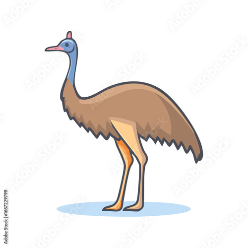 Simple cartoon illustration of a cassowary, an exotic flightless bird with a blue neck