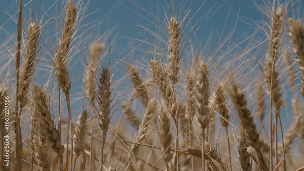 wheat in field against blue sky, agriculture, grain harvest time, eco, golden stalk of bread production, whole grain farmland, seed growing business, planting in nature, beauty wheat farm plantations. wheat in field against blue sky, agriculture, grain harvest time, eco, golden stalk of bread production, whole grain farmland, seed growing business, planting in nature, beauty wheat farm plantations.