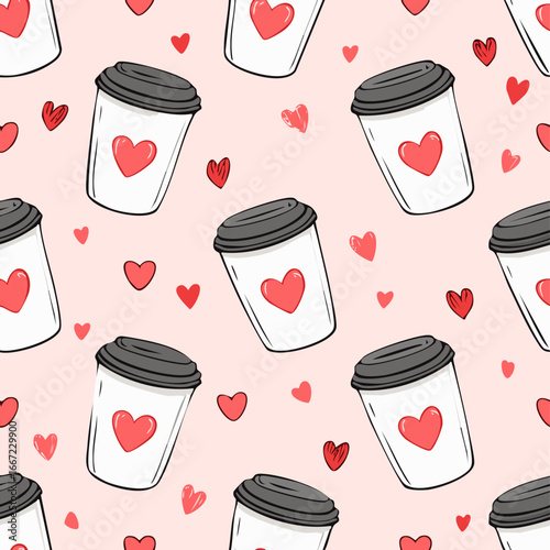 Seamless cute coffee and tea cups with hearts pattern. Perfect for Valentine’s Day, love themes, wrapping paper, textiles, backgrounds, and romantic holiday designs