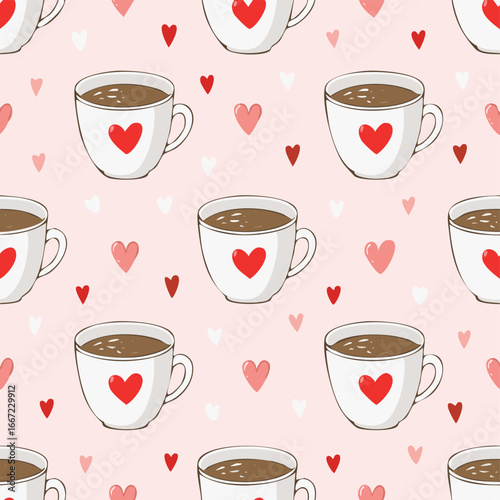 Seamless cute coffee and tea cups with hearts pattern. Perfect for Valentine’s Day, love themes, wrapping paper, textiles, backgrounds, and romantic holiday designs