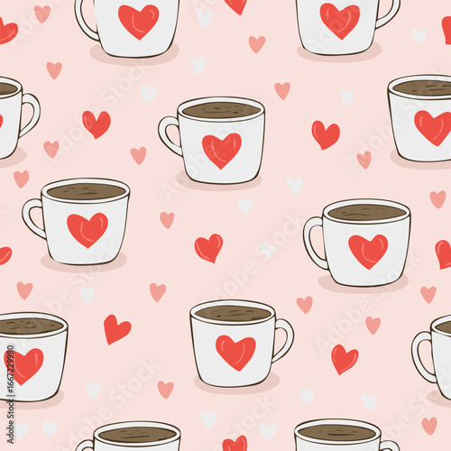 Seamless cute coffee and tea cups with hearts pattern. Perfect for Valentine’s Day, love themes, wrapping paper, textiles, backgrounds, and romantic holiday designs