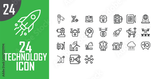 Collection of 24 technology and innovation line art icons on white background rocket