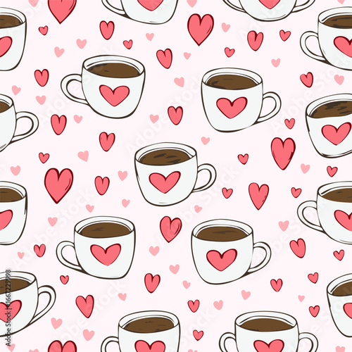 Seamless cute coffee and tea cups with hearts pattern. Perfect for Valentine’s Day, love themes, wrapping paper, textiles, backgrounds, and romantic holiday designs