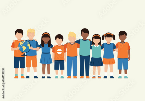 Vector art of diverse group of children holding a globe, representing global unity, friendship, and international community